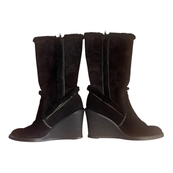 Coach Jordana Boots Women 6 M Black Suede Wedge Signature Logo Fur Trim Size 36